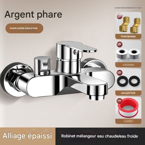 Robinet de Douche à Double Sortie en Alliage d Zinc Argenté, Vanne de Mélange Eau Chaude/Froide pour Salle de Bain
