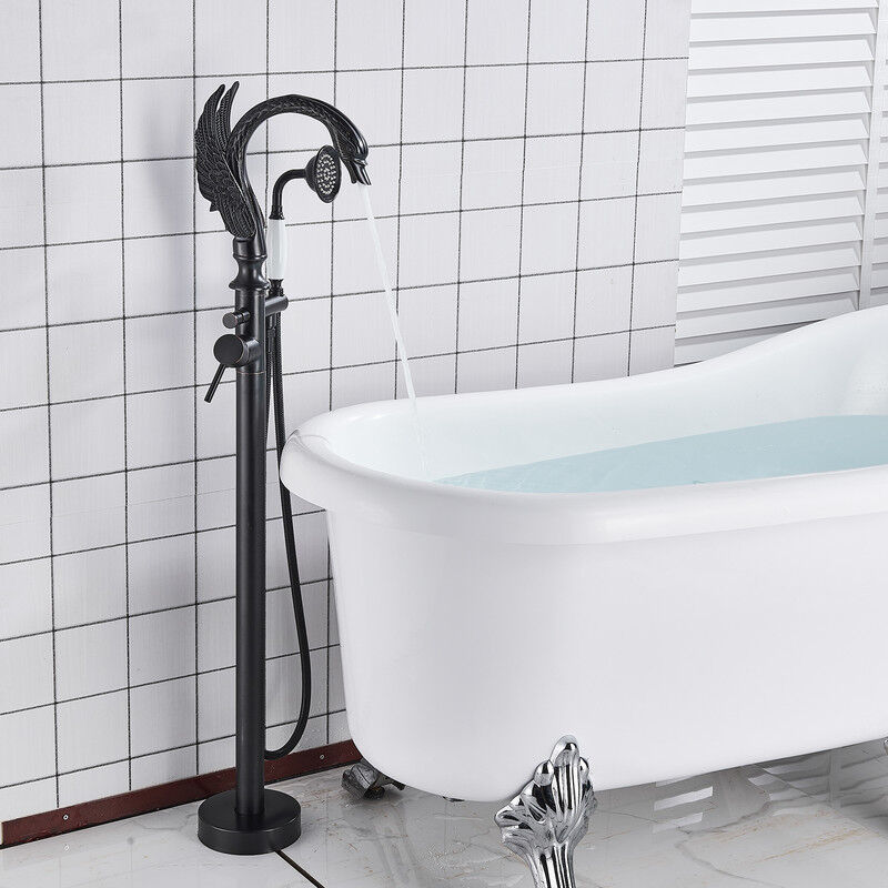 Robinet de baignoire autoportante Noir Matte Floor Mounted Tub Filler with Hand Shower 360 Degree Swivel Standing Spout Brass High Flow Mixer Taps