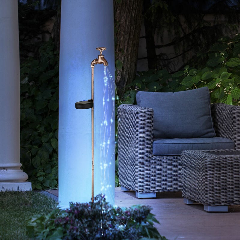 Robinet de jardin décoratif pour robinet solaire avec éclairage extérieur Prise de jardin solaire pour extérieur, effet feu, métal doré, 60x led