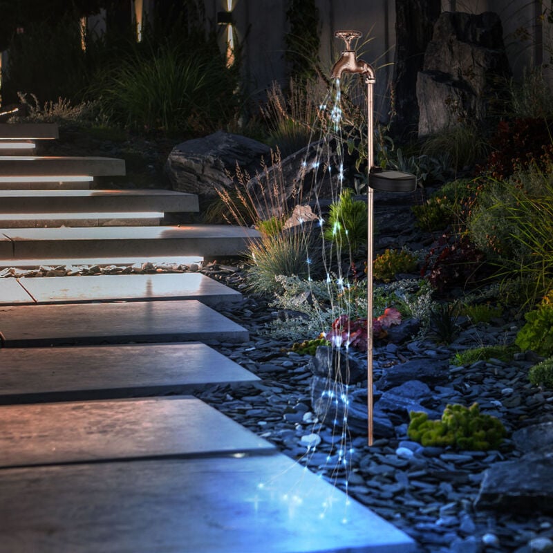 Robinet de jardin décoratif pour robinet solaire avec éclairage extérieur Prise de jardin solaire pour extérieur, effet feu, métal doré, 60x led