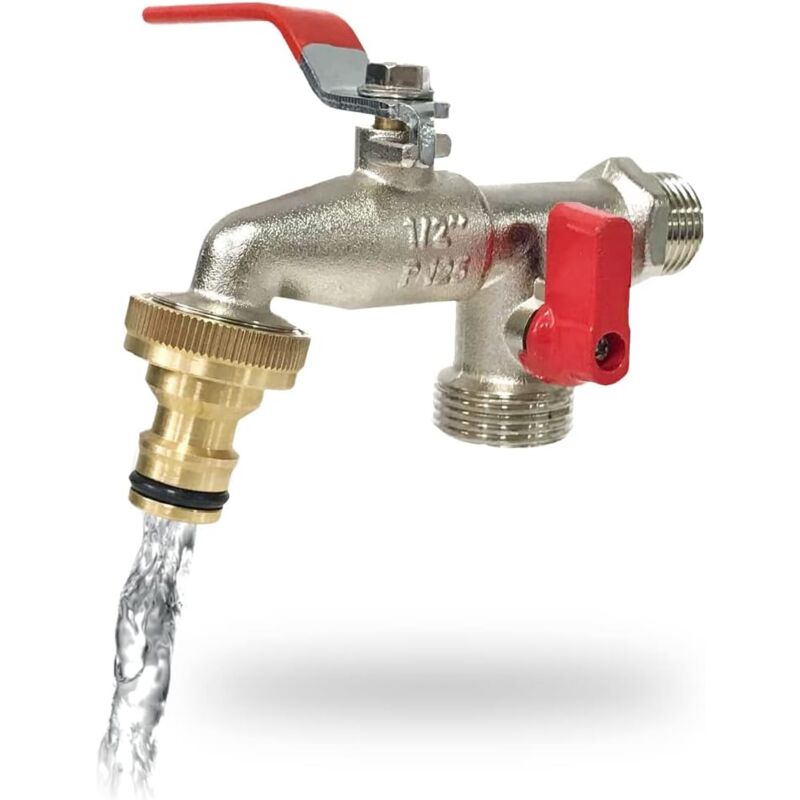 Robinet de Jardin Premium à Double Sortie 1/2' - 3/4' Pinceau, Laiton, Argent