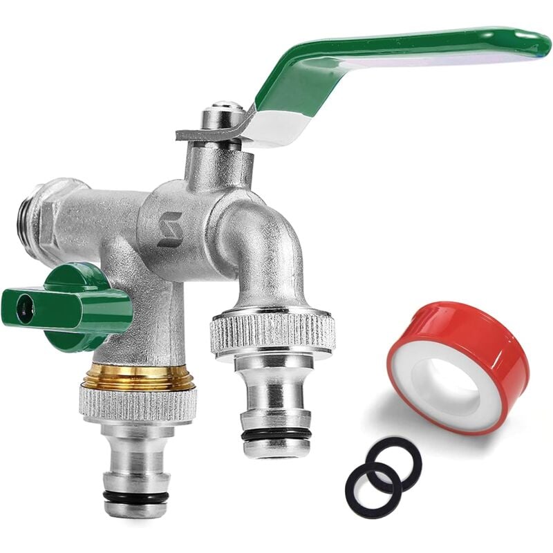 Robinet de jardin, robinet à double sortie 1/2 pouce, en laiton, avec 2 raccords de tuyau libres, 1x ruban d'étanchéité à rouleau, double raccord et