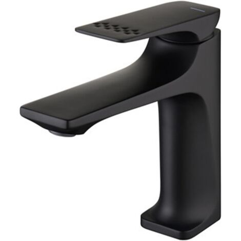 Robinet de lavabo avec eau chaude et froide, robinet monotrou tout cuivre, robinet noir moderne à poignée unique, style luxueux et discret.