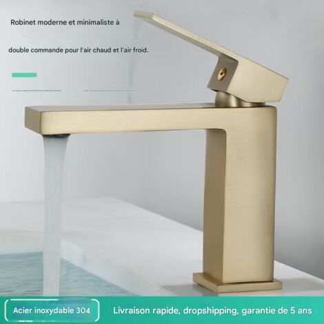 Robinet de Lavabo Carré Bas en Acier Inoxydable Brossé Or, Mitigeur Eau Froide et Chaude, Salle de Bain
