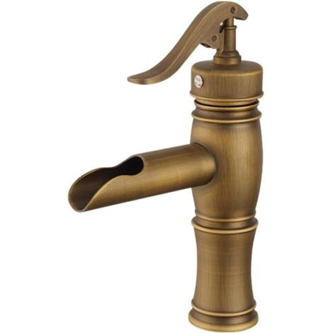 Robinet de lavabo cascade à levier unique – Finition antique, hauteur courte, compatible eau chaude/froide, montage un trou