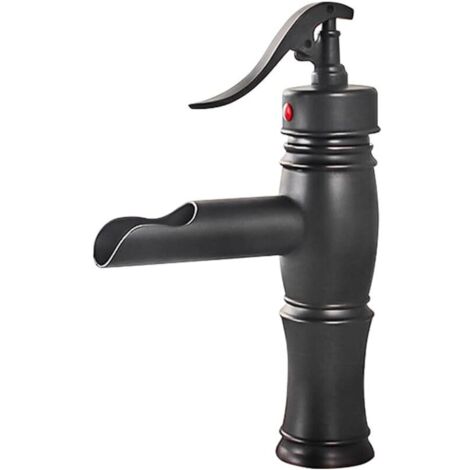 Robinet de lavabo cascade à levier unique, robinets de salle de bain classiques à un trou, robinet d'eau chaude et à eau froideo (Noir, court, B)