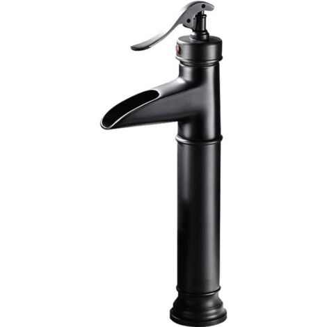 Robinet de lavabo cascade à levier unique, robinets de salle de bain classiques à un trou, robinet d'eau chaude et à eau froideo (Noir, haut, A)