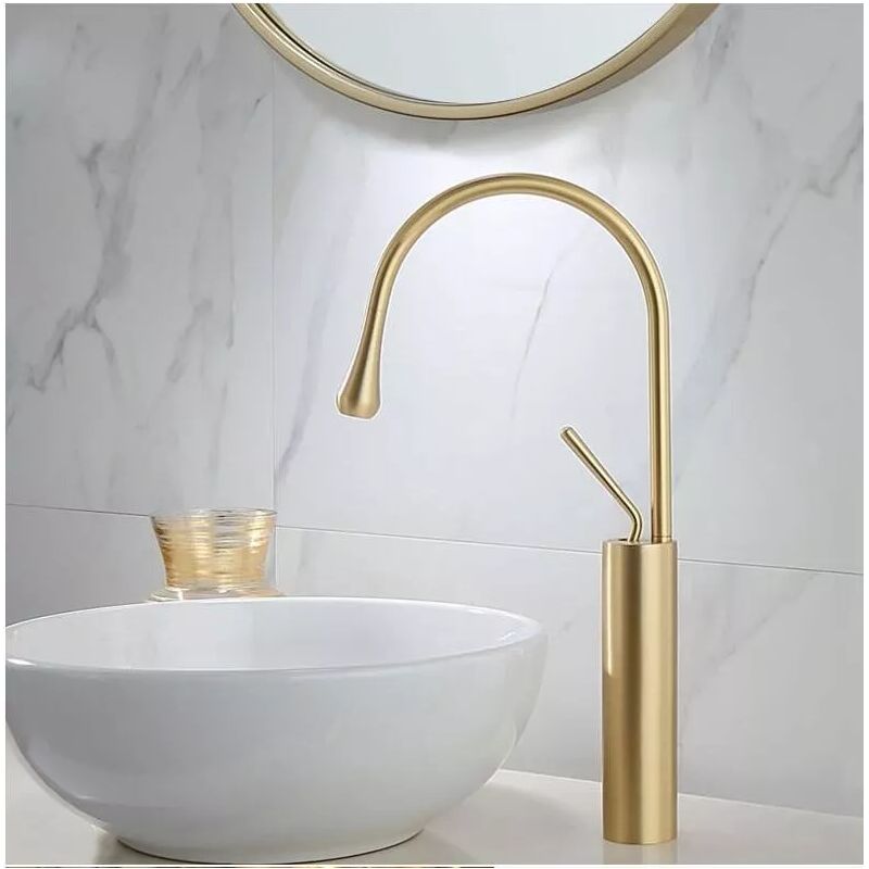 Robinet de Lavabo Cascade doré brossé, Robinet Salle de Bain avec Eau Froide & Chaude Disponible, Haut Cascade de Mitigeur Lavabo, doré