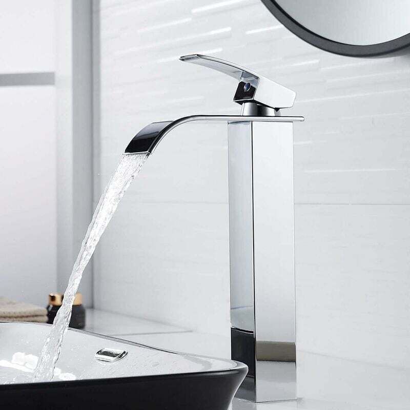 Robinet de lavabo cascade haut moderne, robinet de salle de bain au design élégant, mitigeur de lavabo haut en laiton à poignée unique, eau chaude et