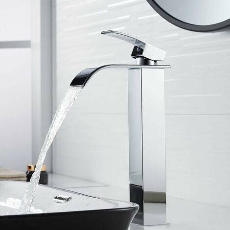 Robinet de lavabo cascade haut moderne, robinet de salle de bain au design élégant, mitigeur de lavabo haut en laiton à poignée unique, eau chaude et froide disponible