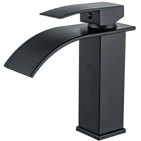 Robinet de lavabo cascade, mitigeur de lavabo noir, robinet de salle de bain monotrou en acier inoxydable à montage sur plage