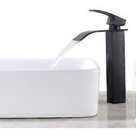 Robinet de lavabo cascade noir, mitigeur de lavabo de salle de bain à levier unique haut, bec carré large en laiton, eau chaude et froide disponible
