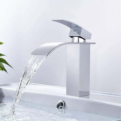 Robinet de lavabo cascade, robinet de salle de bain en laiton, mitigeur de lavabo avec grande sortie d'eau, eau chaude et froide disponibles DBWF01BT