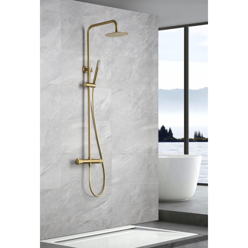 Ensemble de barre de douche thermostatique extensible - Colonne de douche avec pulvérisateur, poignée de douche, pomme de douche or brossé