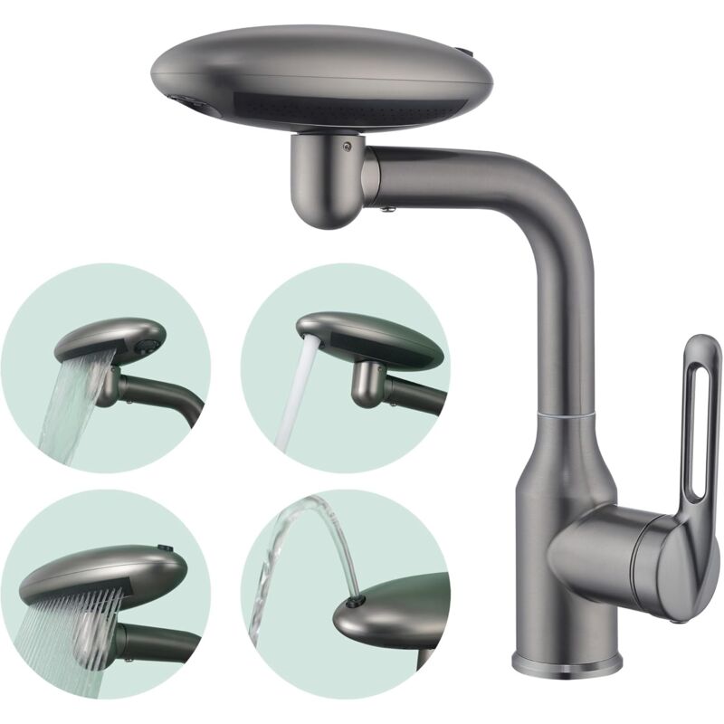 Robinet de lavabo de salle de bain à 1 trou, robinet de lavabo multifonctionnel en gris canon avec 4 niveaux d'eau, robinet de bar moderne rotatif à