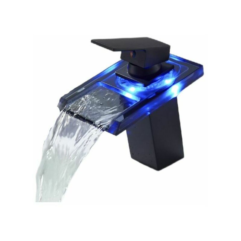Robinet de lavabo de salle de bain avec lumière, robinet de bain à poignée monotrou cascade, noir mat