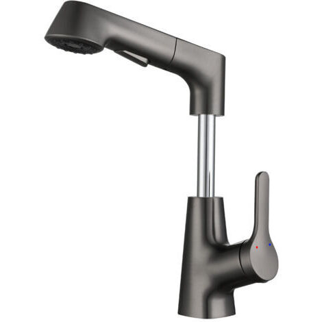 Robinet de lavabo de salle de bain avec pulvérisateur rétractable Robinet d'évier double mode chaud et froid Robinet de lavabo monotrou, gris bronze