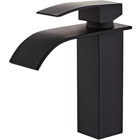 robinet De Lavabo De Salle De Bain  Bec Cascade, Robinet D'vier Monotrou  Levier Unique, Laiton, Noir Mat