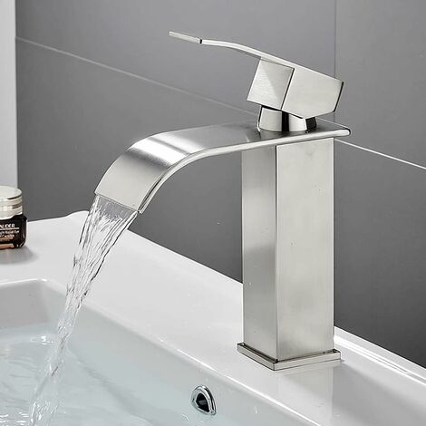 Robinet de lavabo de salle de bain cascade, baignoire en céramique avec tuyau d'eau chaude et froide robinet en acier inoxydable brossé