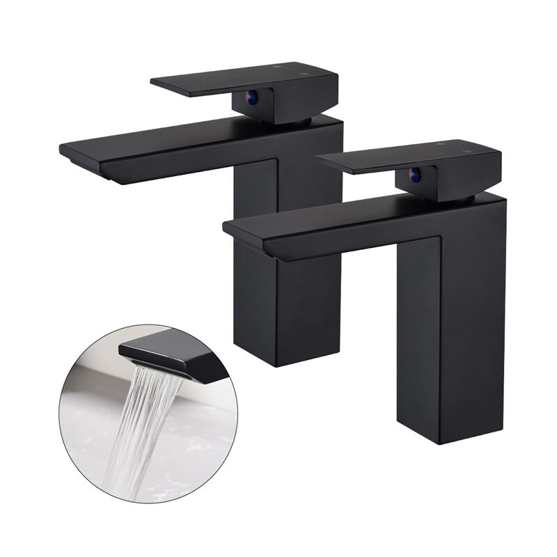 2PCS Robinet Salle de Bain Cascade Noir Mitigeur Salle de Bain en Acier Inox à Deux Voies Robinet de Lavabo Design Moderne