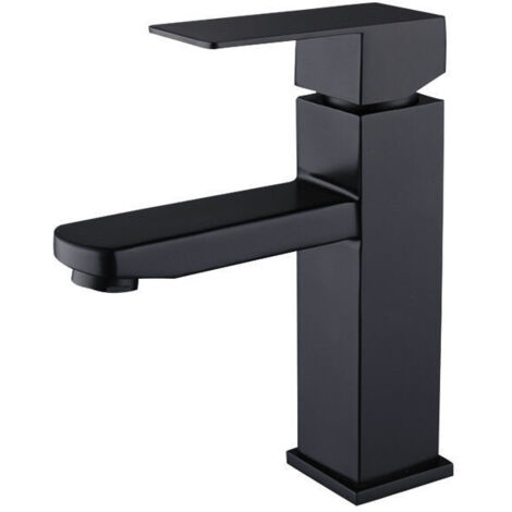 Robinet de lavabo en acier inoxydable 304 noir, eau chaude/froide, design carré haut, monotrou pour lavabo sur pied – livré avec tuyau 60cm