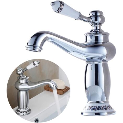Robinet de lavabo en céramique couleur cuivre antique, robinet de cuisine en porcelaine bleue et blanche avec eau chaude et froide (chromé)