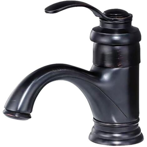 Robinet de lavabo en cuivre à poignée unique et trou unique, à arc bas, montage sur plage, robinet d'eau chaude et à eau froide(noir, court)