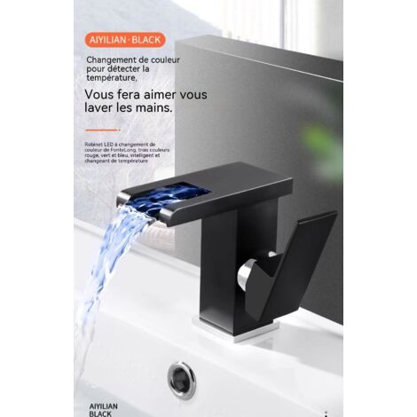 Robinet de Lavabo en Cuivre Massif avec LED, Débit Cascade, Mitigeur Eau Froide et Chaude, Gris Pistolet, Modèle Bas
