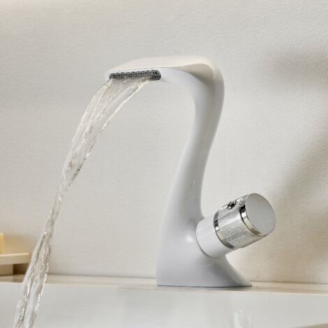 Robinet de Lavabo en Cuivre Massif Blanc, Mitigeur Eau Froide et Chaude, Salle de Bain