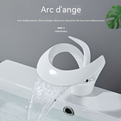 Robinet de Lavabo en Cuivre Massif, Débit Cascade, Design Creux Anti-Éclaboussures, Mitigeur Eau Froide et Chaude, Blanc Modèle Bas