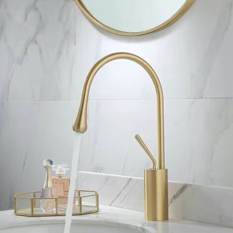 Robinet de Lavabo en Cuivre Massif, Design Goutte d'Eau, Mitigeur Eau Froide et Chaude, Salle de Bain