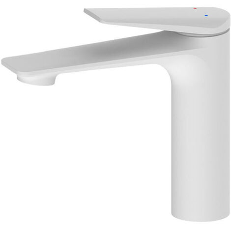 Robinet de lavabo en cuivre massif, profil bas, design compact, double commande, blanc.