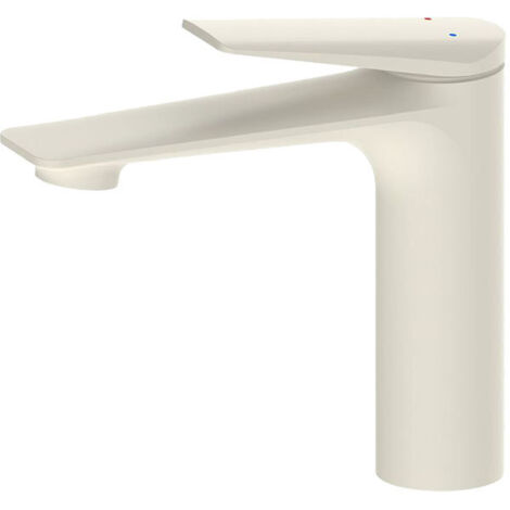 Robinet de lavabo en cuivre massif, profil bas, design compact, double commande, blanc cassé.
