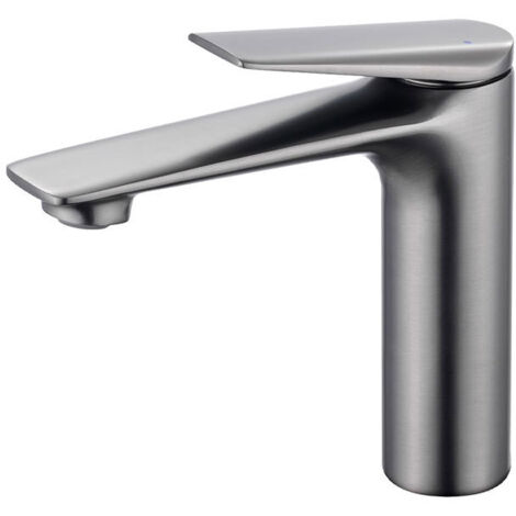 Robinet de lavabo en cuivre massif, profil bas, design compact, double commande, gris.