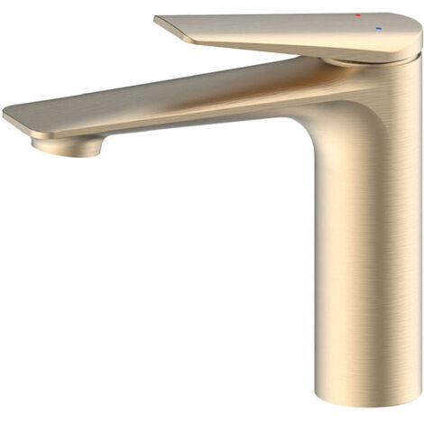 Robinet de lavabo en cuivre massif, profil bas, design compact, double commande, or brossé.