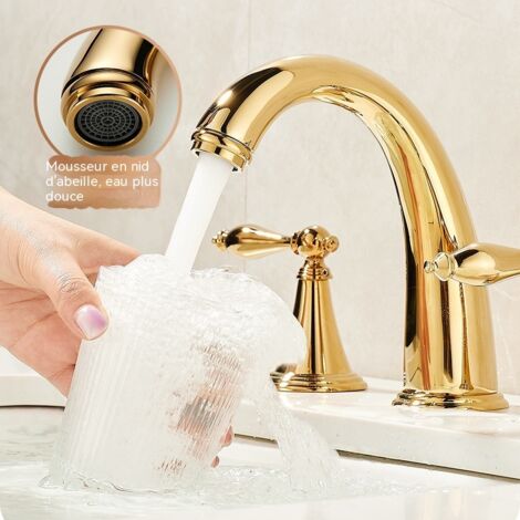 Robinet de Lavabo en Cuivre Massif, Style Européen Rétro Doré, Mitigeur Eau Froide et Chaude, pour Lavabo Salle de Bain