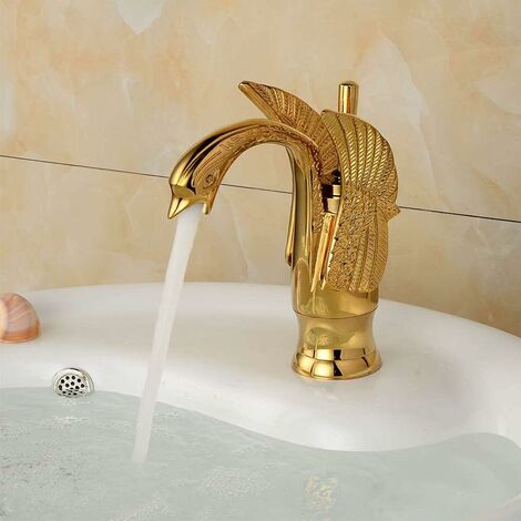 Robinet de lavabo en forme de cygne doré poli en laiton massif