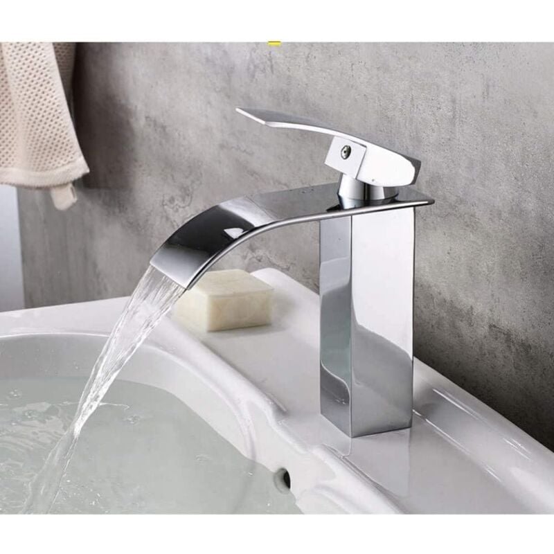 Tonchean - Robinet de lavabo en laiton, conception de cascade plate, monté sur le pont, poignée unique, trou unique, évier de salle de bains,