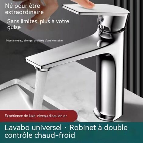 Robinet de Lavabo en Laiton Massif Épaissi, Mitigeur Eau Froide et Chaude Anti-Éclaboussures, Robinet de Salle de Bain pour Vasque, Argent Chromé
