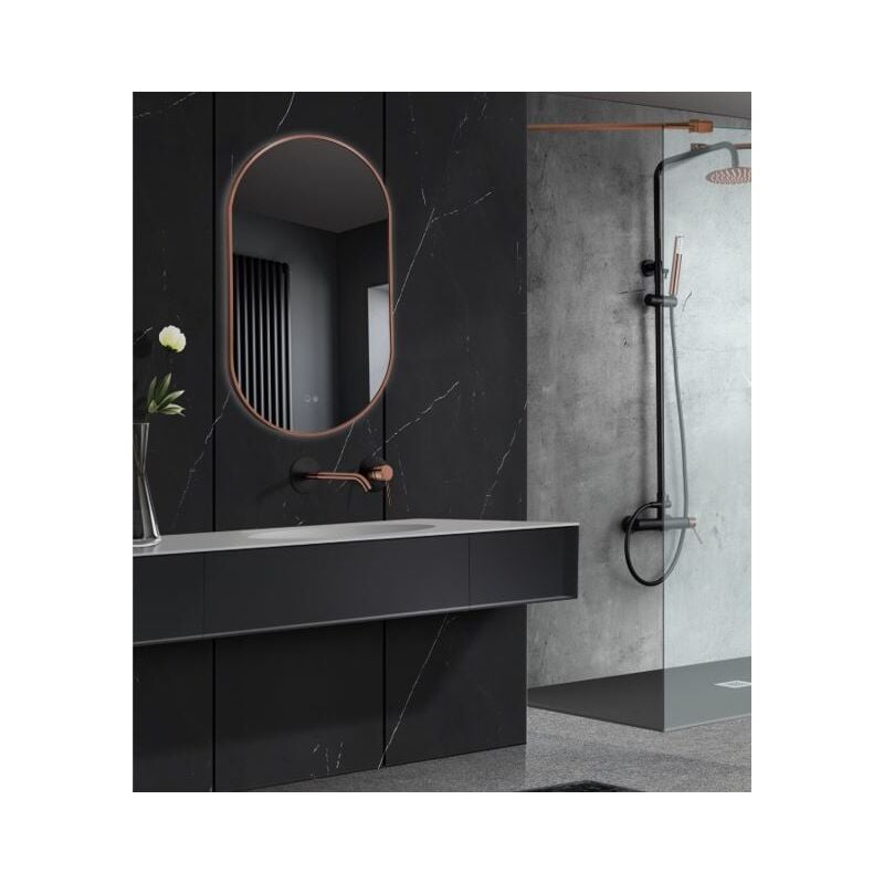 Miroir LED pour salle de bain, dressing, maquillage avec cadre Or Rose Brossé, lumière triled rétroéclairée - Interrupteur Tactile - Anti-buée 50x90cm
