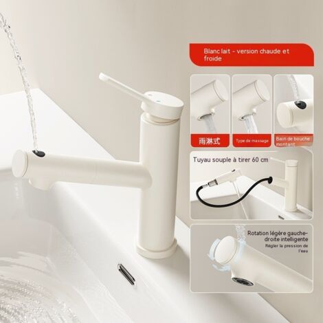 Robinet de Lavabo Extensible en Cuivre, Blanc Crème, Mitigeur Eau Froide et Chaude avec 3 Modes d'Eau, Anti-Éclaboussures