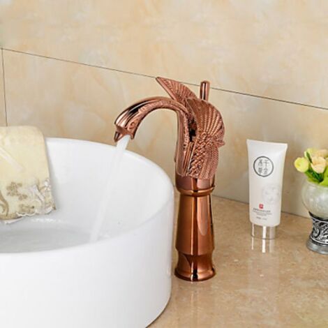 Robinet de lavabo finition rose or en forme de cygne, muni d'une seule poignée