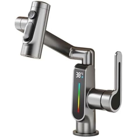 Robinet de Lavabo LED 3 Couleurs – Mitigeur Design à 5 Modes & Rotation 360° – Installation Pont ou Murale – Pour Salle de Bain Moderne