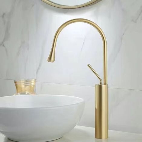 Robinet de Lavabo Mitigeur en Cuivre, Design Goutte d'Eau, Or Brossé, pour Salle de Bain