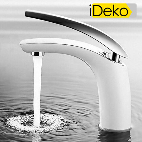 Robinet de lavabo mitigeur mono en laiton céramique blanc – Hauteur 17 cm – Aérateur ABS pour économie d'eau – Installation facile – Ideko