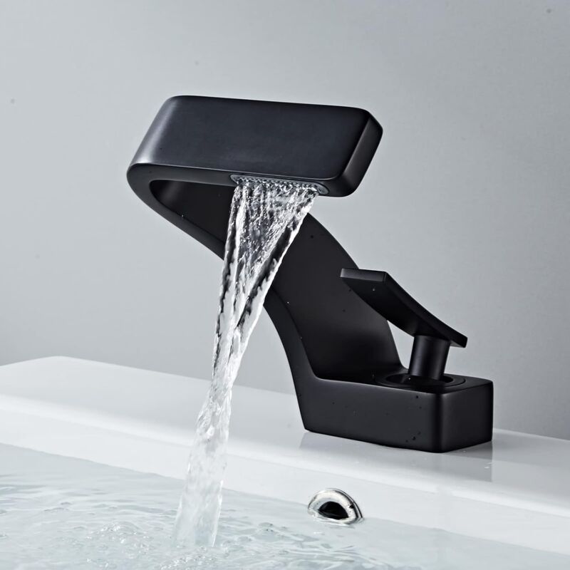 Robinet de lavabo moderne cascade pour salle de bain Robinet mitigeur monocommande Robinet de salle de bain Robinet en laiton noir mat(Sans tuyau)