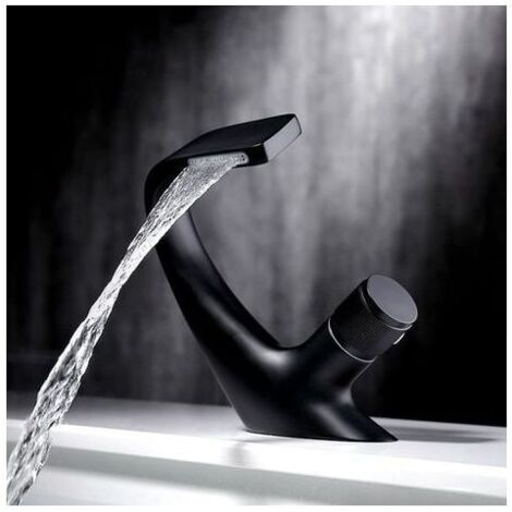 Robinet de lavabo monotrou cascade, robinet d\'vier de salle de bain en laiton, robinet d\'vier de baignoire design de luxe (noir1813cm)