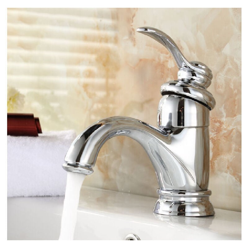 SNQ - Robinet de lavabo monotrou en laiton, robinet de lavabo monotrou de vanité de lavabo d'eau chaude et froide de salle de bain, couleur chrome