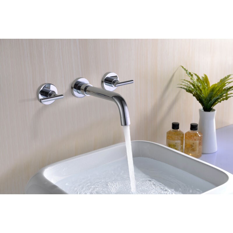 Mélangeur de Lavabo Mural chromé, Robinet de lavabo avec trois trous à deux poignées - Sumerain