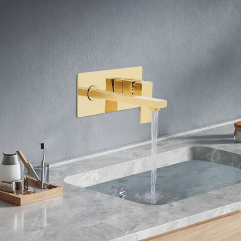 Robinet de lavabo mural G1/2 encastré avec fixation murale, mitigeur 2 trous pour salle de bain, finition or brossé